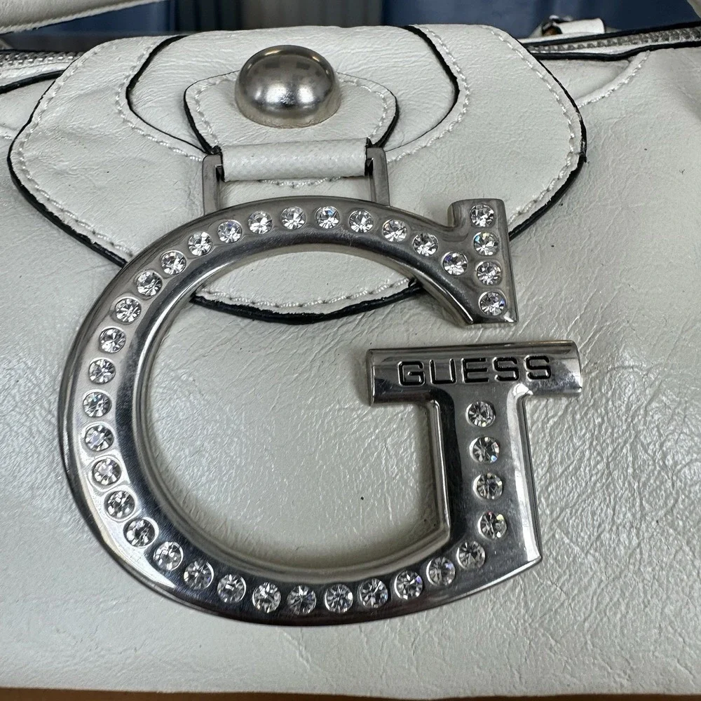 G By‎ Guess Cream Handbag Vintage Y2k Buckle Detail Studded Satchel Silver *New*